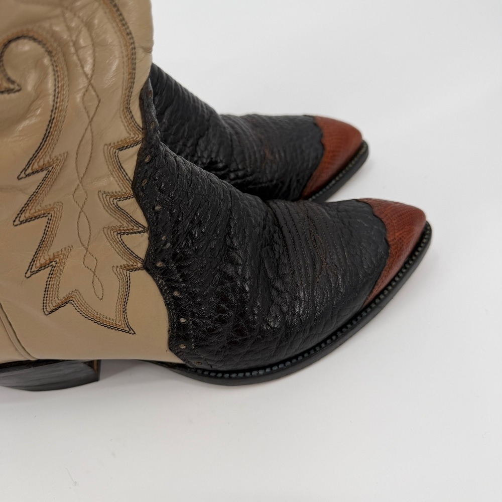 Vintage Hondo Western Cowboy Boots 10D Black Tan Brown Lizard Wingtip Pointed - Picture 6 of 11
